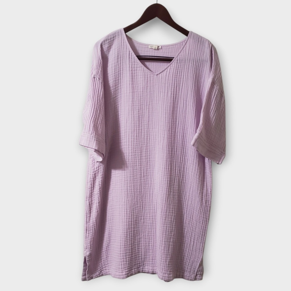 Eileen Fisher Organic Cotton Lofty Gauze V-Neck Dress Mallow Lilac Purple‎ Large